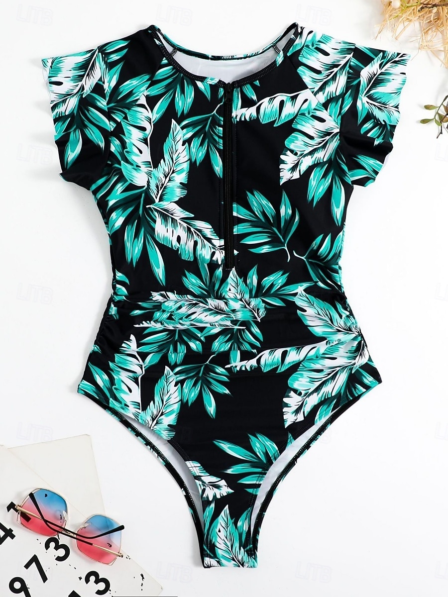 Dámské jedndílné plavky zeštíhlující zip přední palm monokini kontrola břicha vysoký pas slim dovolená plážové oblečení květinové listy kulatý výstřih krátké rukávy plavky 2026 - $26.99 –P11