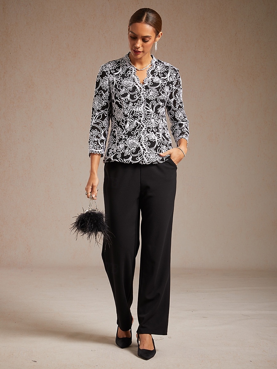 Damskie Eleganckie topy Haft Kwiaty W Tureckie Wzory Elegancja Rękaw 3/4 W serek Zwykłe topy Praca Wieczorna impreza Pół formalne Czarny Wiosna Jesień Zima 2026 - $129.99 –P9