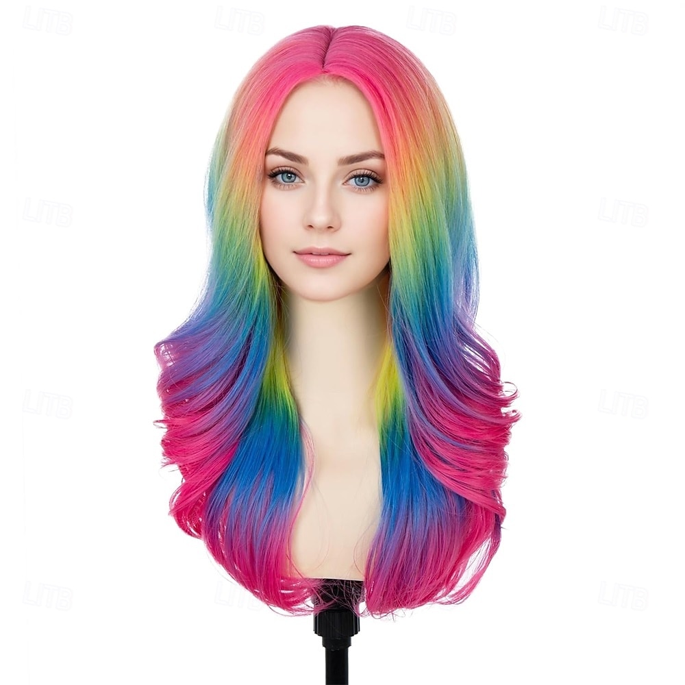 Peluca de carnaval 2026 Rosa Azul Verde Rizado Ondulado Larga Peluca sintética para festival Carnaval Desfile Cabello para disfraz de cosplay para Mujer 2026 - $21.99 –P4