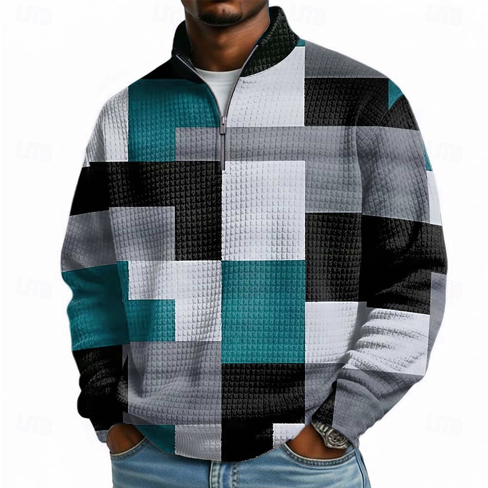 Per uomo Geometrico Plaid Felpa Moda Quotidiano Classico Casual Collo alla coreana Zip a un quarto All'aperto Casa Ufficio Lavoro Blu azzurro cielo Rosso Grigio Con zip Autunno Inverno progettista S del 2026 a $28.99 –P4