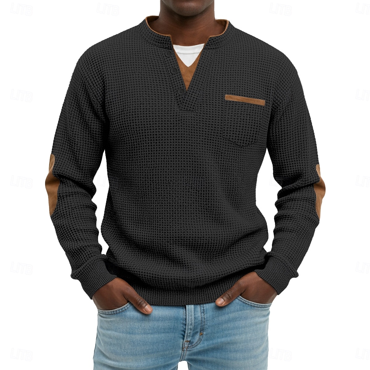 Herr Våffeltröja Waffle Henley Shirt Herrskjortor med armbågslappar Långärmad V-hals Henley Höst vinter Vår & Höst Ensfärgat Mode Grundläggande Ledigt falska två stycken Ledigt Gata Sport Grå Topp 2026 - $24.99 –P5