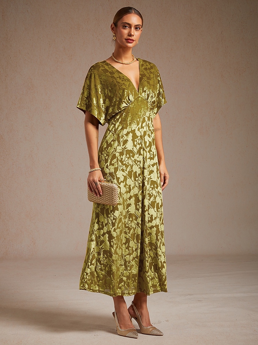 dames maxi-jurk a-lijn jurk fluweel elegant feest bruiloft gast bloemen blad halve mouw v-hals smaragdgroen lente herfst winter 2025 - $121.99 –P8