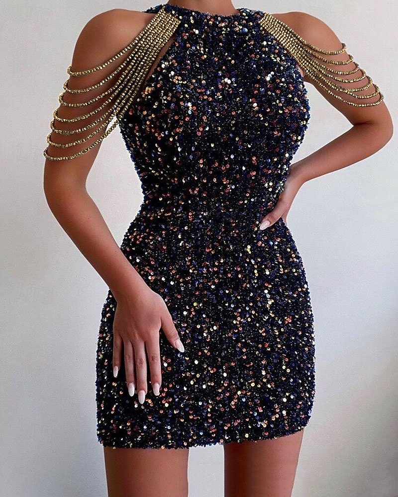 Dam Mini klänning Klänning med paljetter Festklänning Cocktail klänning Sheath Dress Mode Modern Kvällsfest Fest Speciellt Tillfälle Normal Slät Ärmlös Halterneck Svart Vit Rodnande Rosa Vår Höst 2026 - $38.99 –P5