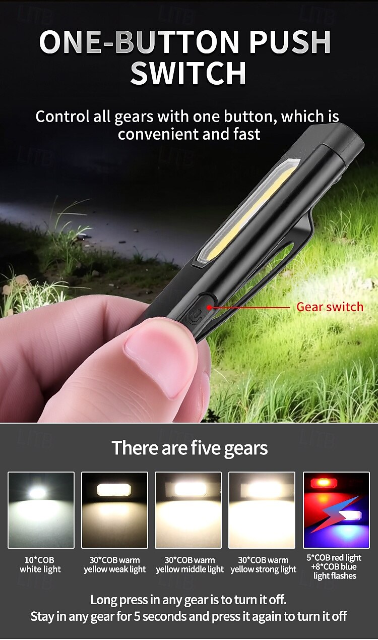 Rechargeable COB Work Light, Super Bright Magnetic LED Flashlight with Pocket Clip, USB-C, 5 Modes with Red & Blue Strobe - Slim Inspection Light for Car Repair, Camping, and Emergency 2025 - $17.99 –P6