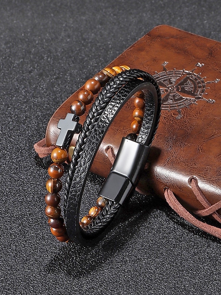 мужской браслет с магнитной застежкой — дизайн из натурального камня и искусственной кожи, стильный и прочный, идеально подходит для повседневной носки. 2026 - $11.99 –P4