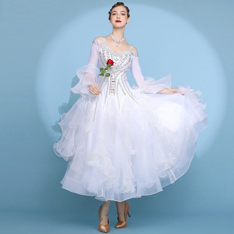 Ballroom Dance Dress Pleats Splicing Crystals / Rhinestones Women's Performance Training Long Sleeve High Spandex Mesh 2026 - $895.79 –P3