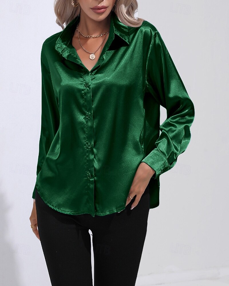 Femmes Chemise Elegant Haut en satin Chemisier Boutons Uni Élégant ancien manche longue Col de chemise Hauts Réguliers Fête Sortir Jaune Rouge Bleu Roi Rose Gris Été Printemps de 2026 ? $25.99 –P17