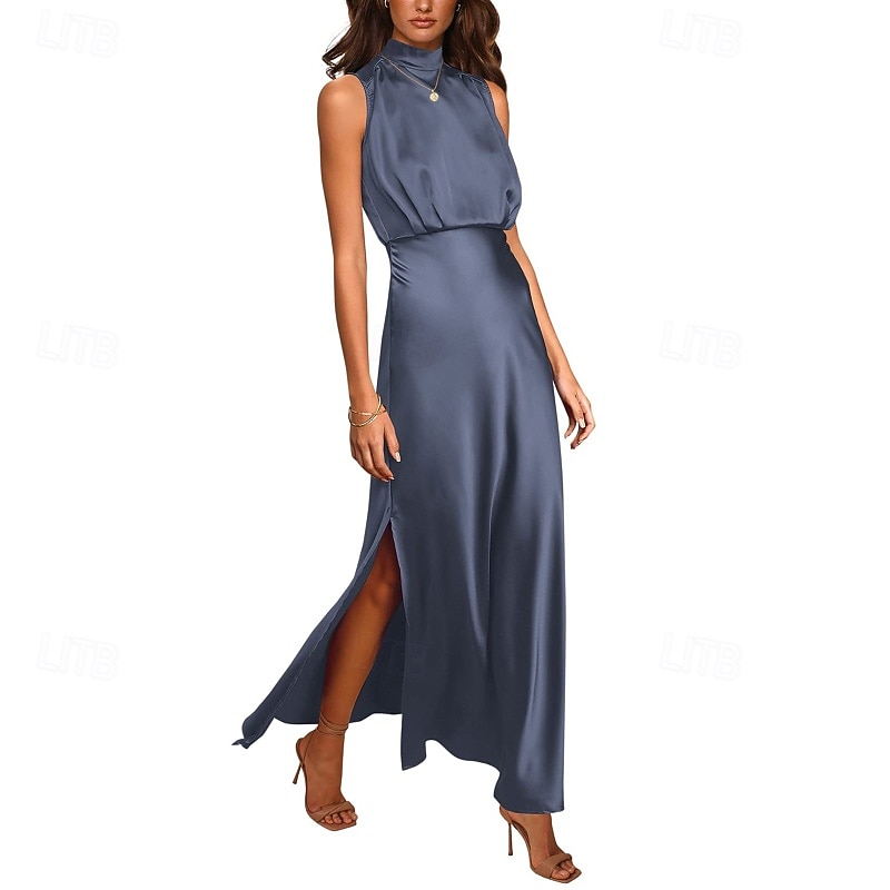 Mulheres Vestido Longo Vestido Maxi vestido de cetim Vestido de formatura Vestido de festa Elegante Moderno Festa de Noite Festa Ocasião Especial Normal Tecido Sem Manga Colarinho Chinês água azul de 2026 por $26.99 –P4
