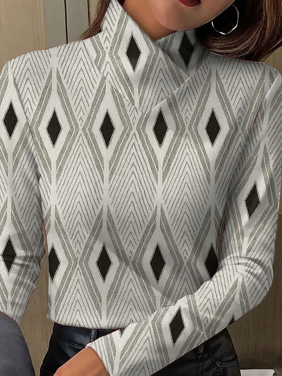 2026年 女性用 Tシャツ プリント グラフィック 幾何学模様 ゼブラ柄 エレガント ヴィンテージ スタイリッシュ 長袖 タートルネック ハイネック レギュラートップス 日常 ブラック グリーン ベージュ 春 秋 冬  コレクション – $25.99 –P3