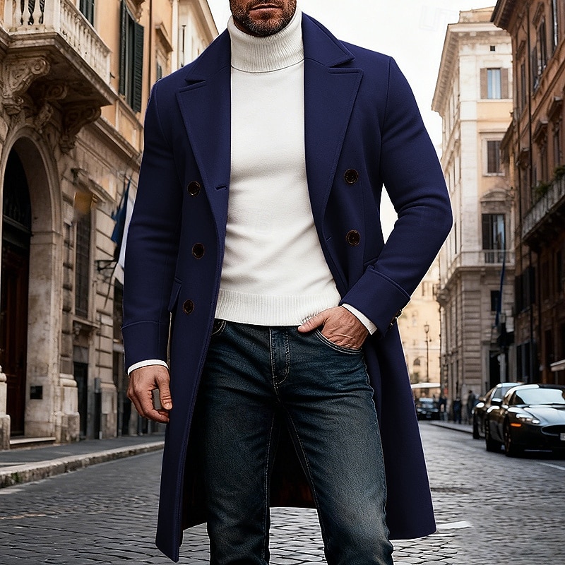 Homme Manteau d'Hiver Manteau Trench-Coat Long Trench-coat Extérieur Occasionnel Automne Hiver Polyester Chaleur Thermique Vêtements d'extérieur Vêtement Tenue Classique Uni Avec Poches Col à Revers de 2026 ? $45.99 –P7