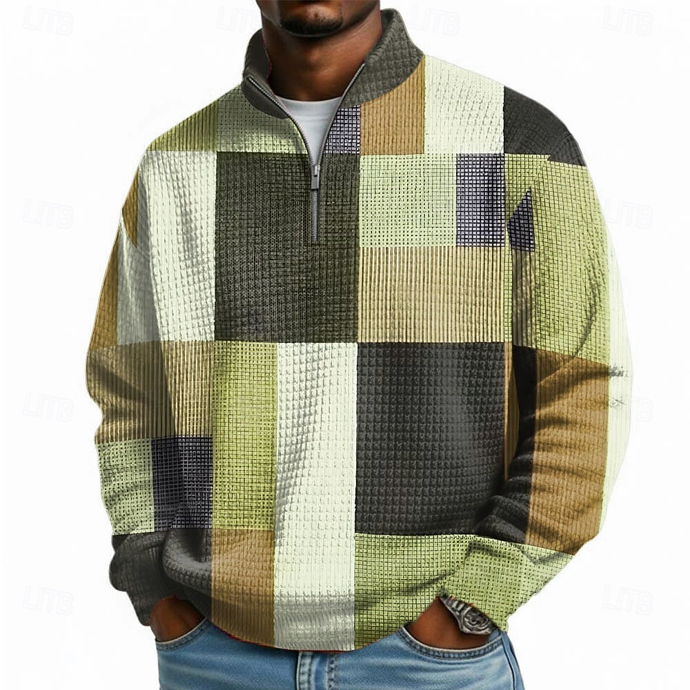 Men's Geometric Plaid Waffle Sweatshirt Fashion Daily Classic Casual Stand Collar Quarter Zip Outdoor Home Office Work Blue Orange Green Gray Zip Up Fall Winter Designer S M L XL XXL XXXL 2026 - $28.99 –P3