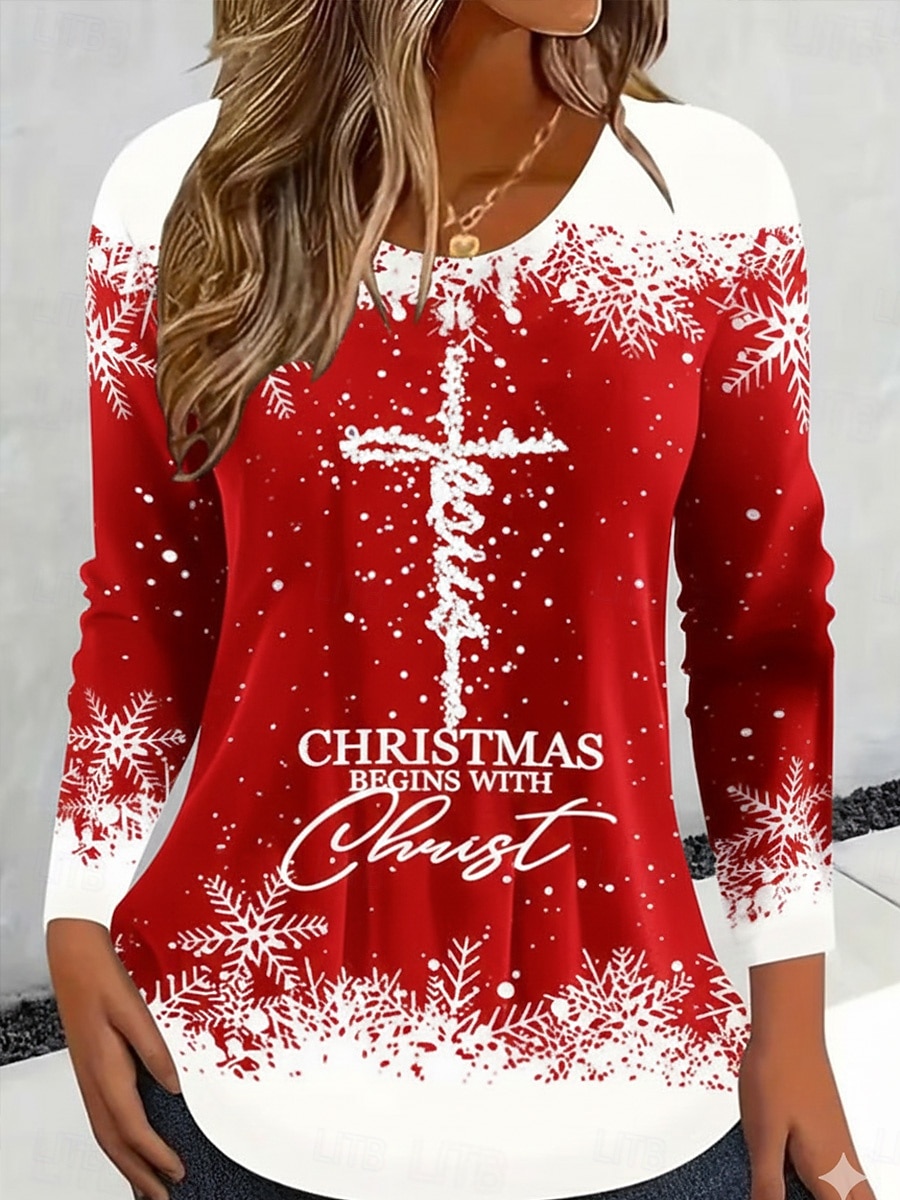 Χριστουγεννιάτικα γυναικεία T-shirt γραφικά vintage μόδας στυλάτο μακρύ μανίκι crew neck στρογγυλή στολή κανονικά μπλουζάκια καθημερινής εκτύπωσης Σαββατοκύριακου μαύρο χρυσό καλοκαίρι άνοιξη 2026 - $6.49 –P5