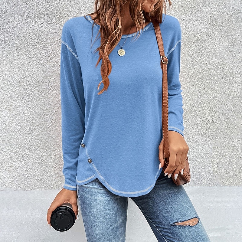 Women's Blouse Buttons Plain Tropical Stylish Casual Long Sleeve Crew Neck Regular Tops Daily Holiday Going out Navy Blue Light Grey Light Blue Fall Winter 2026 - $21.99 –P3