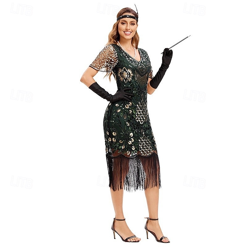 Loucos anos 20 Anos 20 Meio-dia Vestido melindroso Mangas curtas O Grande Gatsby Menina melindrosa Paetês Franja Tubinho Decote V Fantasia Mulheres Natal Carnaval bar clandestino Mascarilha Festa de 2026 por $42.99 –P5