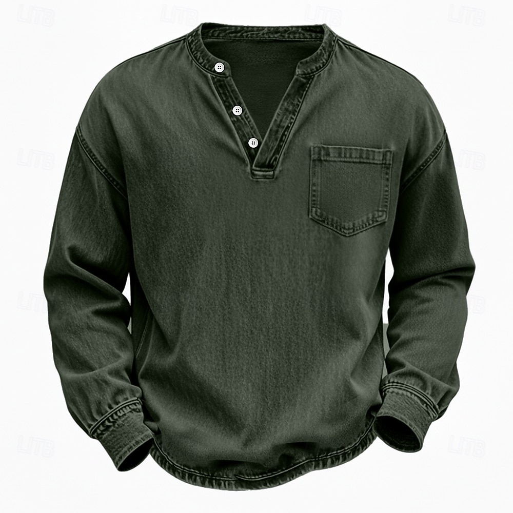 Voor heren Henley-shirt Overhemd van 100% katoen met zure wassing T-shirt T-shirt Lange mouw Wijnoogst Effen kleur Retro vintage Casual Vintagestijl Kledingstuk geverfd gewassen Henley Casual Lente 2026 - $31.99 –P8