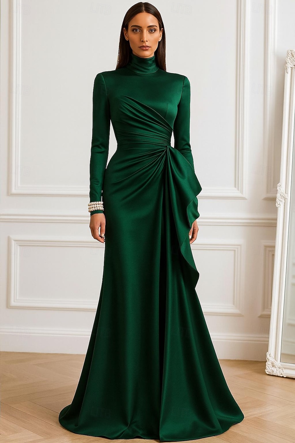 Sheath Column Floor Length Evening Gown Ball Gown Formal Dress Elegant Silky Long Sleeve High Neck Wedding Formal Pocket Satin with Pleats Ruffles 2026 - $183.99 –P1