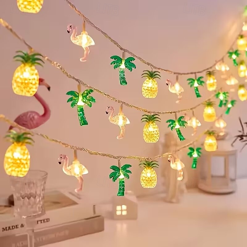 Șnur luminos tropical cu LED-uri, modele de ananas, flamingo, palmieri, luminițe de zână alimentate de baterii AA pentru decorul camerei, iluminat festiv multicolor, iluminat ambiental tematic ideal, 2026 - $17.99 –P1