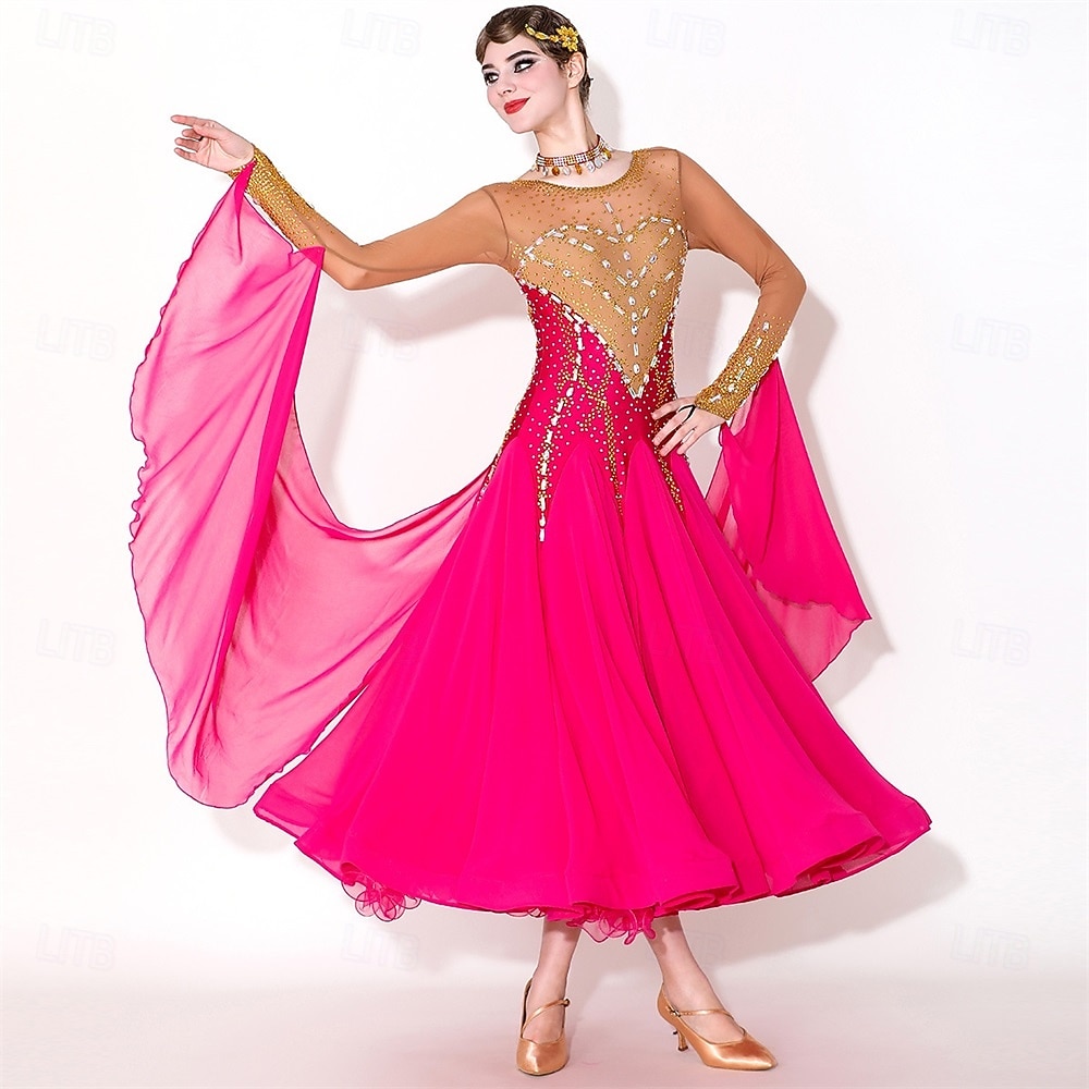 Women's Elegant Fuchsia & Gold Ballroom Dance Dress Rhinestone Embellished Waltz Tango Modern Rumba Competition Performance Gown 2026 - $529.99 –P4