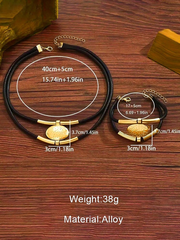 Women's Bohemian Leather and Metal Statement Necklace & Bracelet Set, Adjustable, Available in Gold and Silver – Perfect for Casual and Evening Wear 2026 - $11.99 –P6