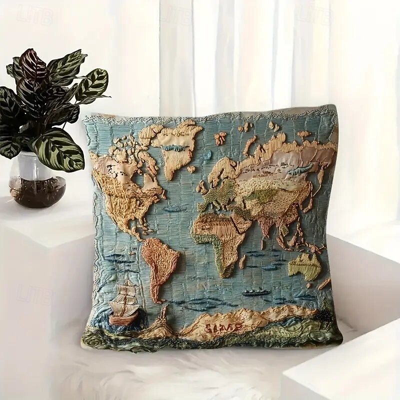 כיסוי כרית מפת עולם וינטג' עם הדפס שטוח דו-ממדי עיצוב חד-צדדי הכולל מפת חקר העולם הישן כיסוי כרית דקורטיבי לספה עיצוב הבית 2026 - $9.99 –P2