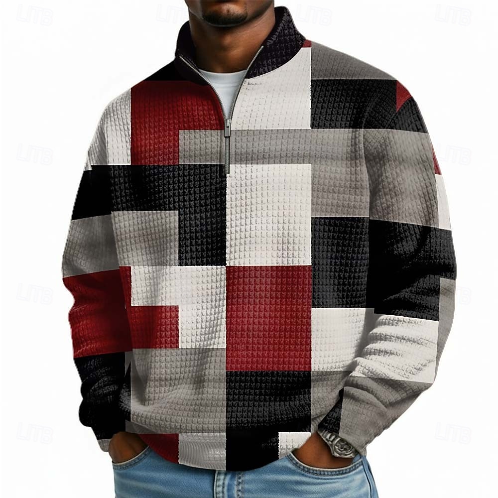 Per uomo Geometrico Plaid Felpa Moda Quotidiano Classico Casual Collo alla coreana Zip a un quarto All'aperto Casa Ufficio Lavoro Blu azzurro cielo Rosso Grigio Con zip Autunno Inverno progettista S del 2026 a $28.99 –P1