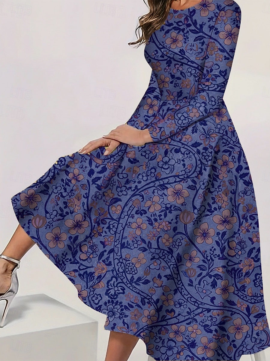Women's Midi Dress Casual Dress Swing Dress Elegant Fashion Daily Outdoor Weekend Regular Fit Floral Long Sleeve Crew Neck Blue Yellow Green Spring Fall Winter Autumn 2026 - $37.99 –P4