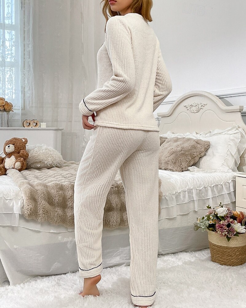 Dame Pyjamas lounge Pyjamas Sett Flanell Varm Mote Grafisk Elastisk midje Bukse Hjem Daglig Langermet Crew-hals Hvit Høst Vinter Løstsittende 2025 - $36.99 –P5