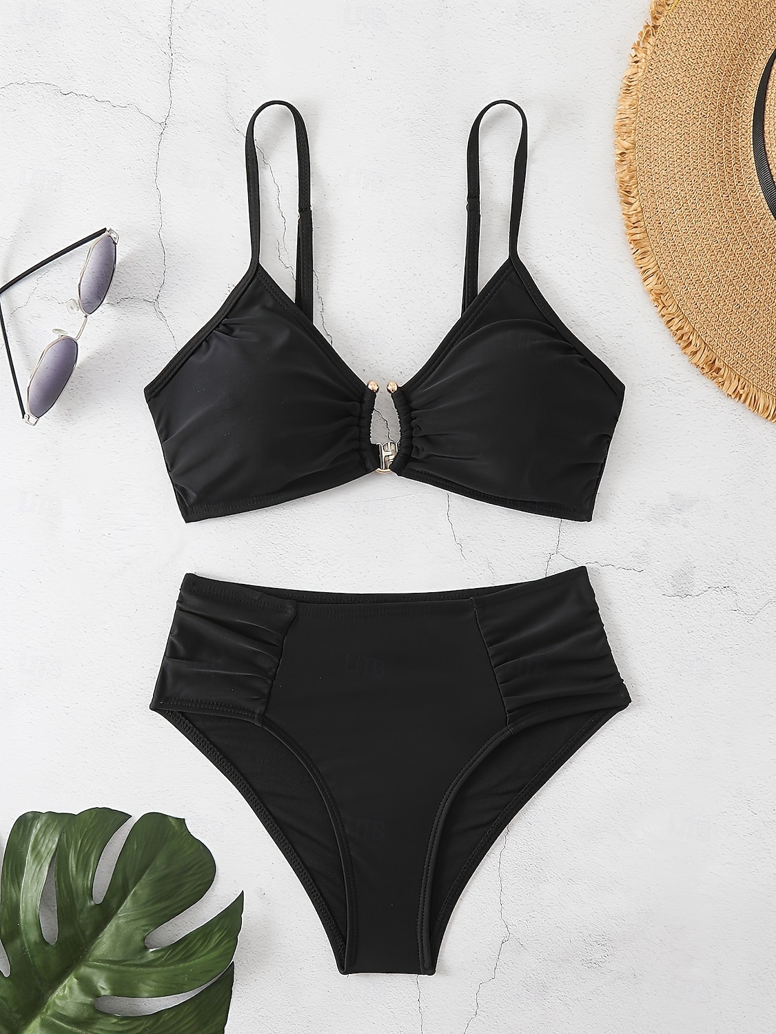 Costume da bagno due pezzi bikini da donna con arricciature perizoma con ferretto slanciato controllo della pancia vita alta senza schienale abbigliamento da spiaggia per le vacanze colore solido del 2026 a $27.99 –P7