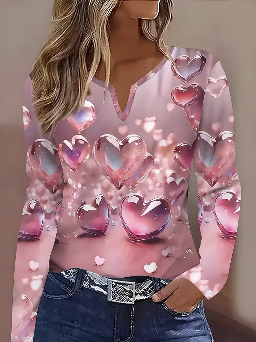 Γυναικεία Μπλουζάκι Στάμπα Καρδιά Γραφική Βίντατζ Στυλάτο Κλασσικό Μακρυμάνικο Λαιμόκοψη V Λαιμός με εγκοπή Κανονικά μπλουζάκια Καθημερινά Θαλασσί Ανθισμένο Ροζ Βυσσινί Καλοκαίρι Άνοιξη Φθινόπωρο 2026 - $24.99 –P1