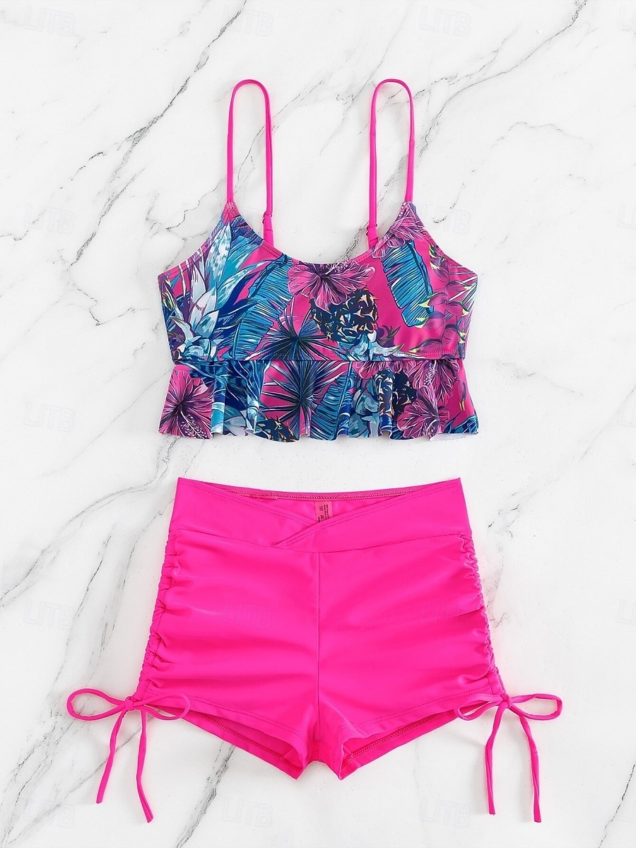 Dámský tankini 2-dílný plavecký úbor s řasením palm šortky kontrola břicha vysoký pas štíhlé bez zad dovolená plážové oblečení květinový kulatý výstřih bez rukávů 2026 - $24.99 –P10