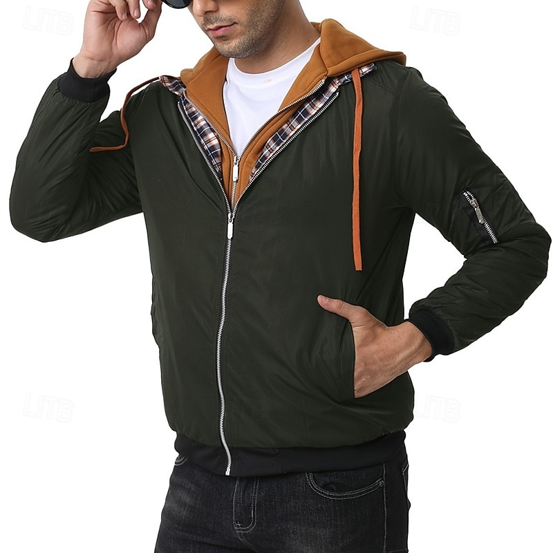 Men's Winter Jacket Casual Jacket Hoodied Jacket Outdoor Casual Pocket Quilted Winter Fall & Winter Color Block Streetwear Daily Hooded Regular Black Burgundy Navy Blue Khaki Army Green Jacket 2026 - $53.99 –P14