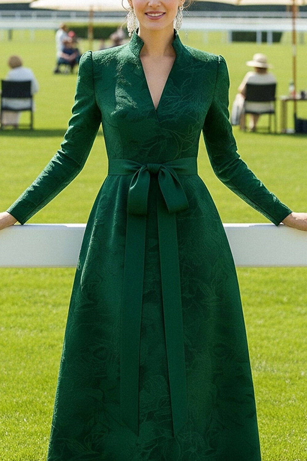 A-Line Ankle Length Derby Dress Mother of the Bride Dress Long Sleeve V Neck Elegant Vintage Kentucky Derby Jacquard with Sash Ribbon Bow(s) A-Line Ankle Length Derby Dress Mother of the Bride Dress Long Sleeve V Neck Elegant Vintage Kentucky Derby Jacquard with Sash Ribbon Bow(s)