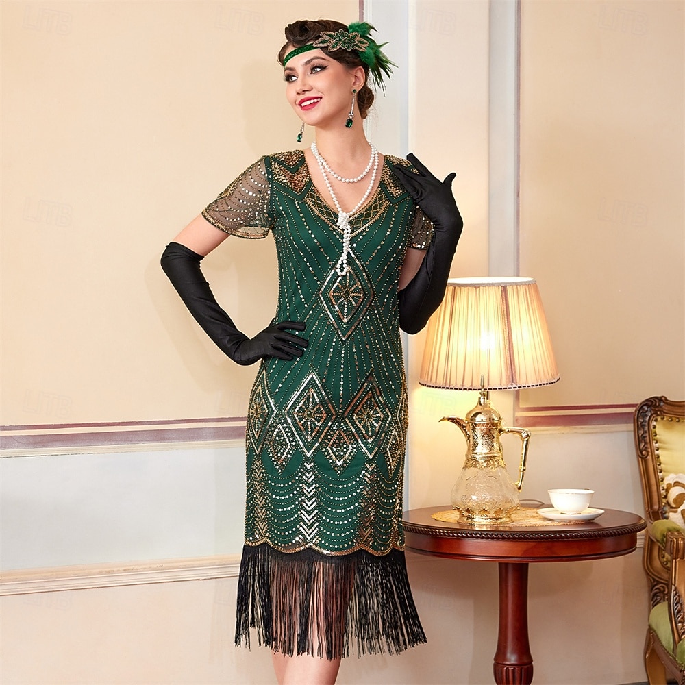 Roaring 20s 1920s Knee Length Flapper Dress Short Sleeves The Great Gatsby  Sequins Fringe V Neck Fancy Dress Women's Christmas Carnival speakeasy  Masquerade Retro Theme Party Adults' Dress 2026 - $57.99