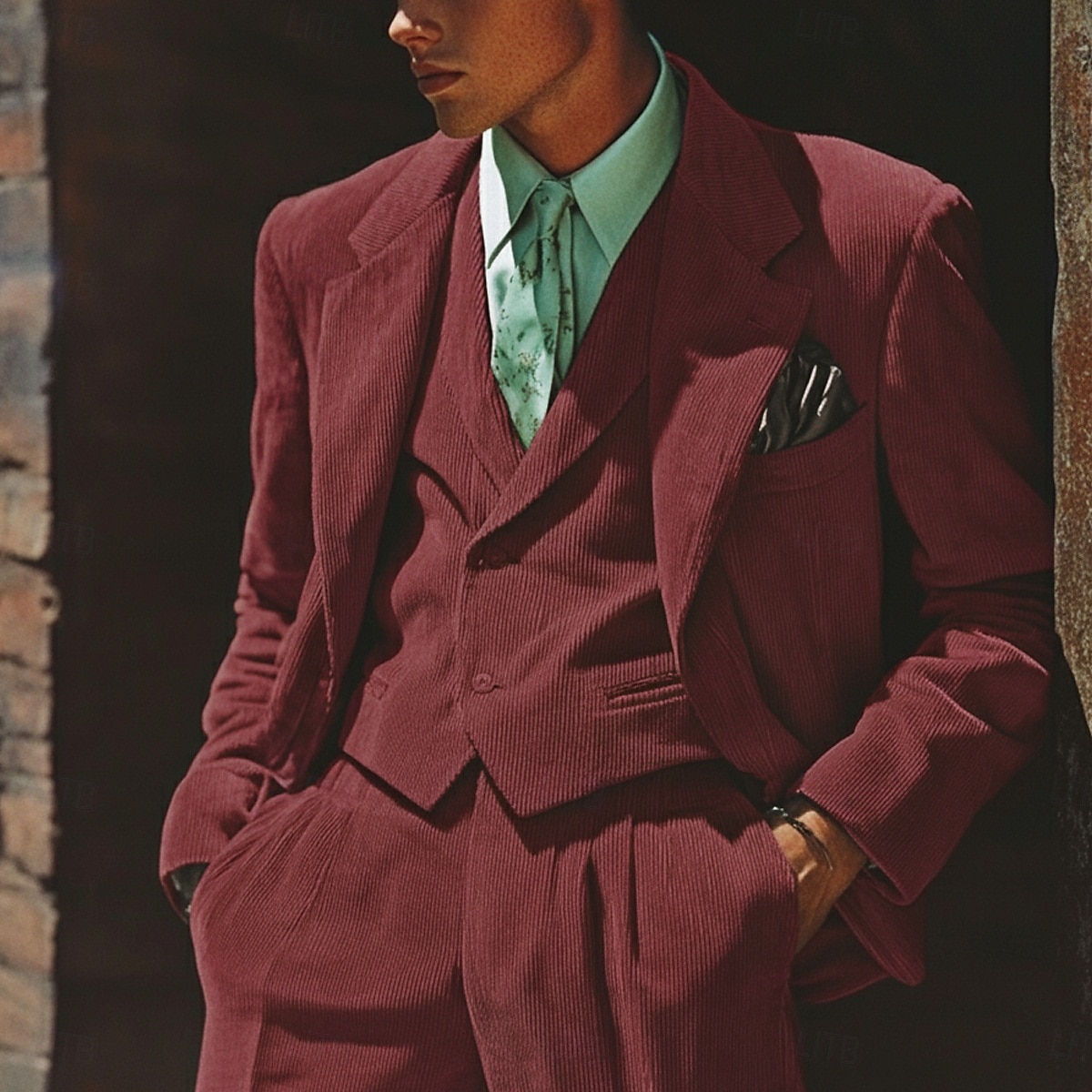 Мужской Свадьба Бизнес Вельветовый костюм Лацкан с тупым углом Черный Бордовый Деловые Платья Однотонный Узкий крой Набор из 3 предметов Однобортный с 1 пуговицей 2025 - $169.99 –P3