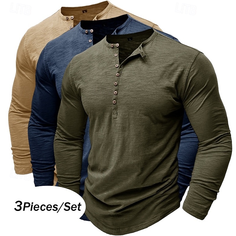 3er-Pack Henley-Shirts für Herren, langärmlig, einfarbig, modisch, lässig, für Alltag und Freizeit, 3er-Pack, Henley-Shirts in Blau, Weiß und Schwarz, ideal für Sommer und Frühling, 2026 - $62.99 –P1
