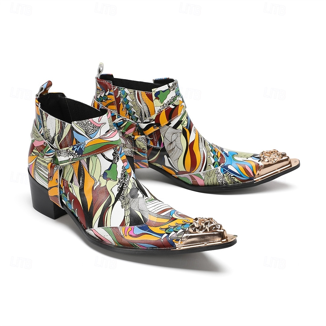 Miesten värikkäät ja taiteelliset aidosta nahasta valmistetut nilkkurit - monivärinen muotoilu vetoketjulla ja kiiltävillä metallisilla yksityiskohdilla, ihanteellinen muodikkaaseen vapaa-ajan käyttöön ja erityistilaisuuksiin 2025 - $139.99 –P6