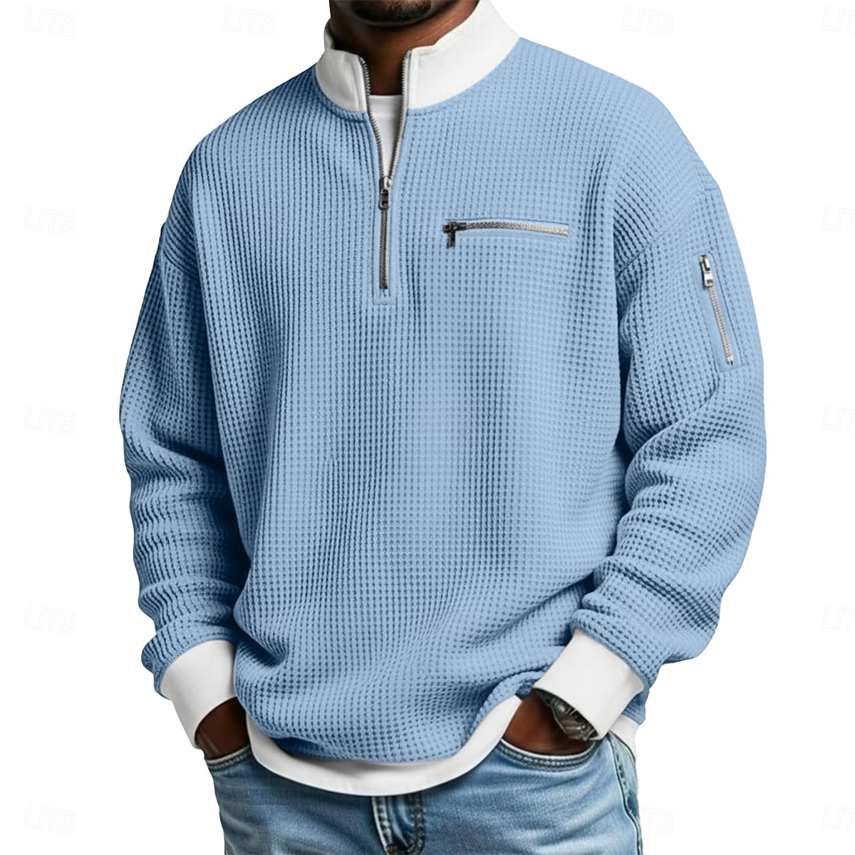 Men's Waffle T-shirt T Shirt Long Sleeve Half Zip Fall Fall & Winter Solid Color Traditional / Vintage Casual Color Block Zipper Pocket Casual Home Outdoor Light Blue Black Green Top Tee for Men 2026 - $26.99 –P2