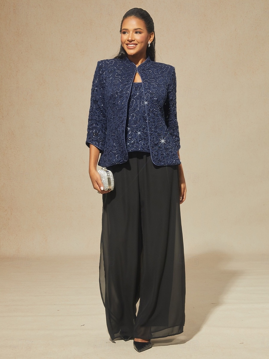 2026年 女性用 ブラウス ドレッシーなトップス ツインセット スパンコール レース ペーズリー エレガント パーティー 七分袖 スタンドカラー セミフォーマル フォーマルウェア カクテルの服装 ネイビーブルー 春 秋 冬  コレクション – $119.99 –P8