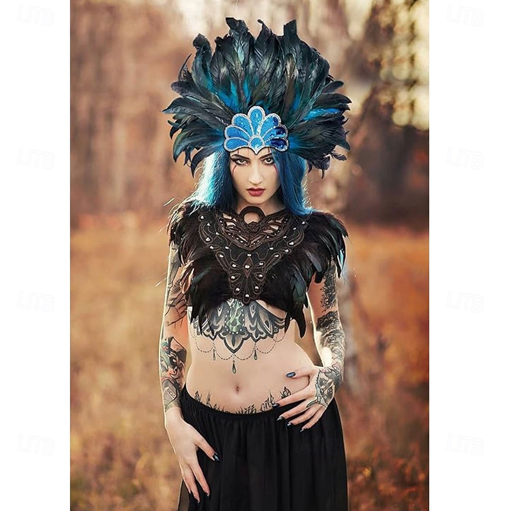 Carnaval 2026 Accesorios de Samba del Carnaval de Río Adorno de Plumas para Mujeres - Accesorio de Cabeza de Lentejuelas Azul y Verde Pavo Real - Disfraz de Festival de Brasil 2026 - $16.49 –P3