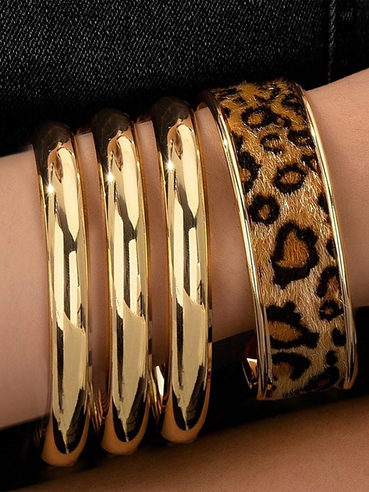 Dames manchetarmbanden met luipaardprint in goudkleurige legering – set van 4, stijlvol dierenprintontwerp, perfect voor casual en avondkleding 2026 - $11.99 –P3