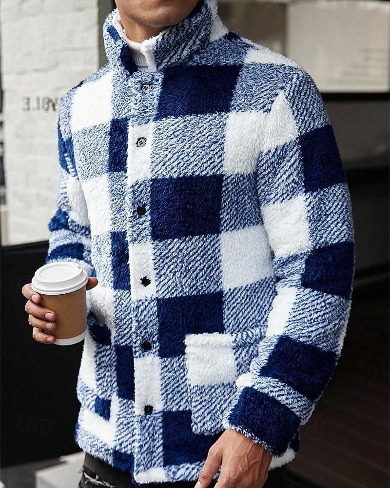 Муж. Толстовка Флисовая толстовка Флисовая жилетка Синий Хаки Воротник-стойка В клетку Карман Для занятий спортом Повседневные Праздники Полиэстер Уличный стиль Классический На каждый день Осень Зима 2026 - $50.99 –P10