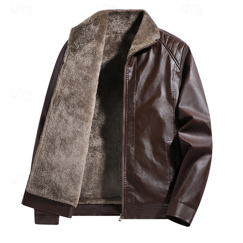 Men's Faux Leather Jacket Winter Jacket Fleece Jacket Casual Jacket Outdoor Casual Thermal Warm Pocket Fall Winter Plaid Streetwear Casual Hooded Regular Black Brown Jacket 2026 - $37.99 –P2