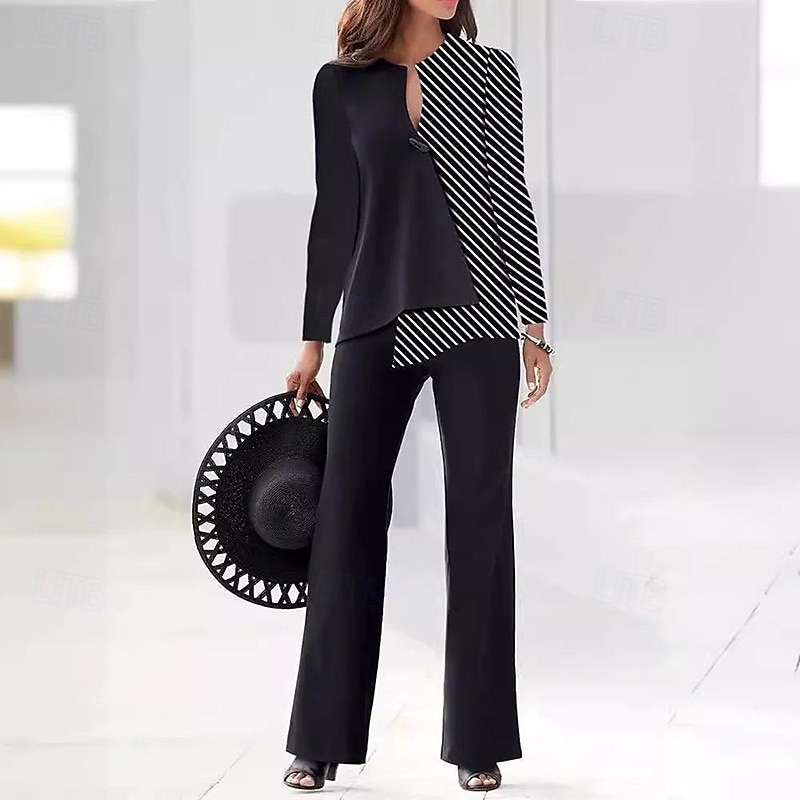 Mujer Conjuntos de pantalones parte superior del bolero Manga Larga Escote en Pico A Rayas Moda Ropa de calle Casual Diario Exterior Negro Primavera Holgado 2026 - $42.99 –P1