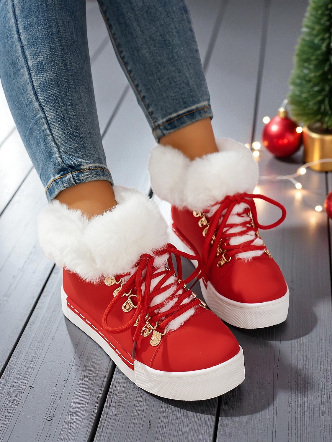 женские красные кеды из искусственного меха — тёплая зимняя обувь на шнуровке с мягкой подкладкой, повседневная рождественская обувь для отдыха на природе и уличного стиля 2026 - $42.99 –P3