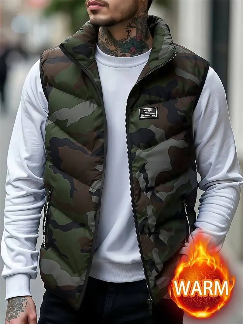 Homens Colete puffer Colete Gilet Férias Diário Encontro Moda Casual Outono & inverno Bolsos Poliéster Manter Quente Confortável Côr Camuflagem Zíper Colarinho Chinês Normal Preto Verde Tropa Cinzento de 2026 por $37.99 –P11