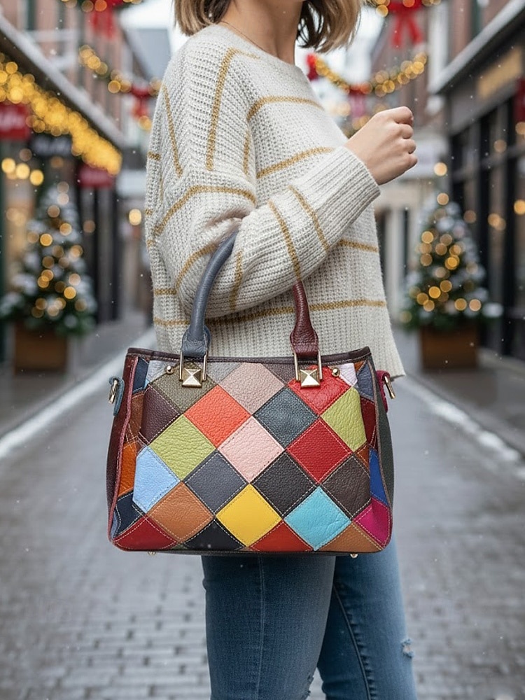 borsa da donna in pelle, design patchwork multicolore, materiale in vera pelle, versatile con manici superiori e tracolla regolabile, elegante e funzionale per l'uso quotidiano e le occasioni speciali del 2026 a $59.99 –P1