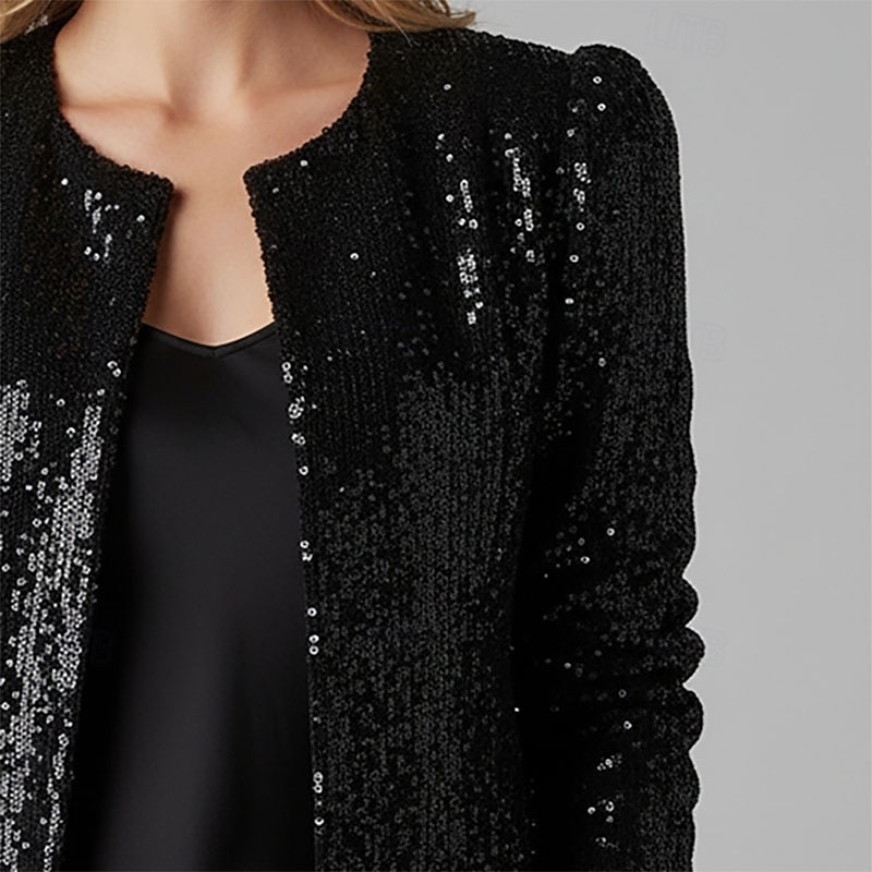 Damen Wintermantel Warm Bequem Pailletten Öffnung vorne Mode Lässig Einfach Urlaub Straße Alltagskleidung Ausgehen Kurz Rundhalsausschnitt Normale Passform Langarm Oberbekleidung Schwarz Rosa Herbst 2026 - $26.99 –P2