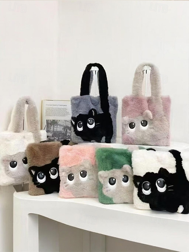damska pluszowa torba typu tote z motywem kociej buzi, dostępna w wielu kolorach, z miękkiego futerka, o uroczym i zabawnym designie, idealna na niezobowiązujące wyjścia i jako prezent 2026 - $18.99 –P3