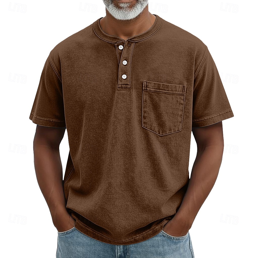 SoftFade™ Heren Henley Shirt 100% Katoen Acid Wash Shirt T shirt Tee Korte Mouw Retro Vintage Casual Button Up Zak Garment Dyed Zomer Lente Herfst Donkerbruin Zwart Roze Henley T-Shirt 2026 - $31.99 –P9
