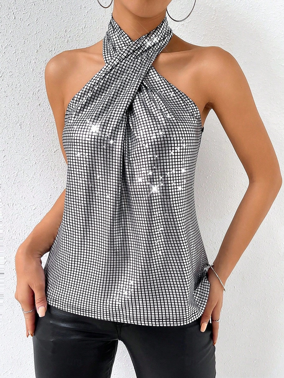 Femmes Débardeur caraco Paillettes Couleur Unie Élégant Occasionnel Sans manches Col Halter Hauts Réguliers Quotidien Fête Argent Été Printemps de 2026 ? $21.99 –P3